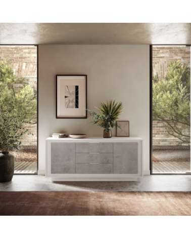 Buffet SKY 4 portes – Finition Blanc mat laqué / Ciment